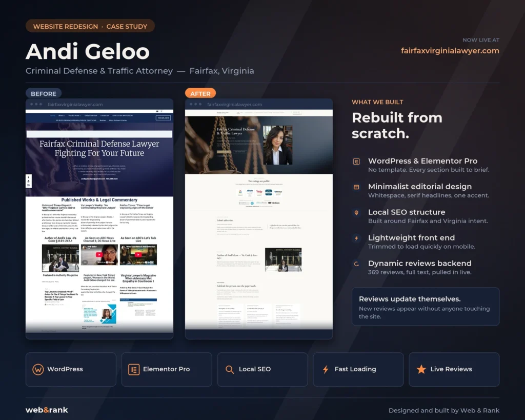 Before and after of the Andi Geloo attorney website, rebuilt on WordPress and Elementor Pro by Web & Rank