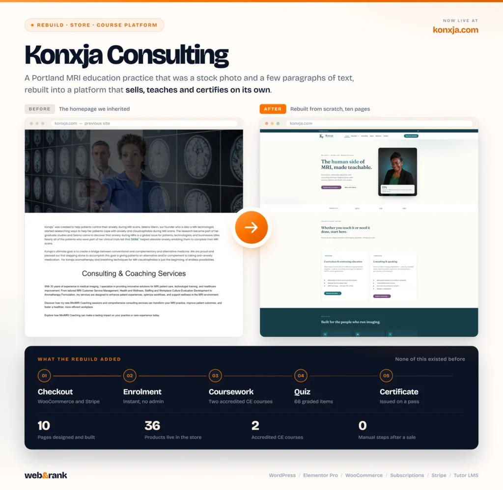 Konxja Consulting website before and after the Web & Rank rebuild